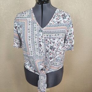 1010 Ten Ten Blue and Orange Floral Tie Front Crop Top 1X (4786)